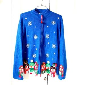 Christmas Caroling Snowman Blue Zip Cardigan size Medium Tiara Beaded‎ Holiday